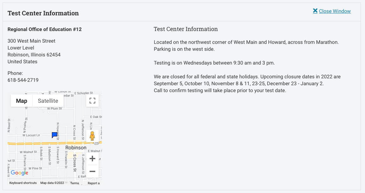 Testing Center Information